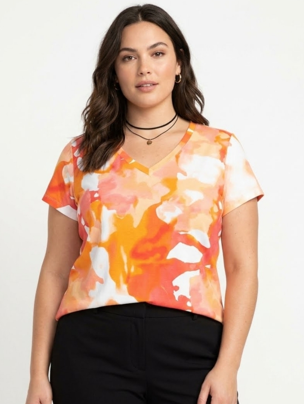 Chico's Women's Watercolor V-Neck Short Sleeve Cotton Tee Large (2)